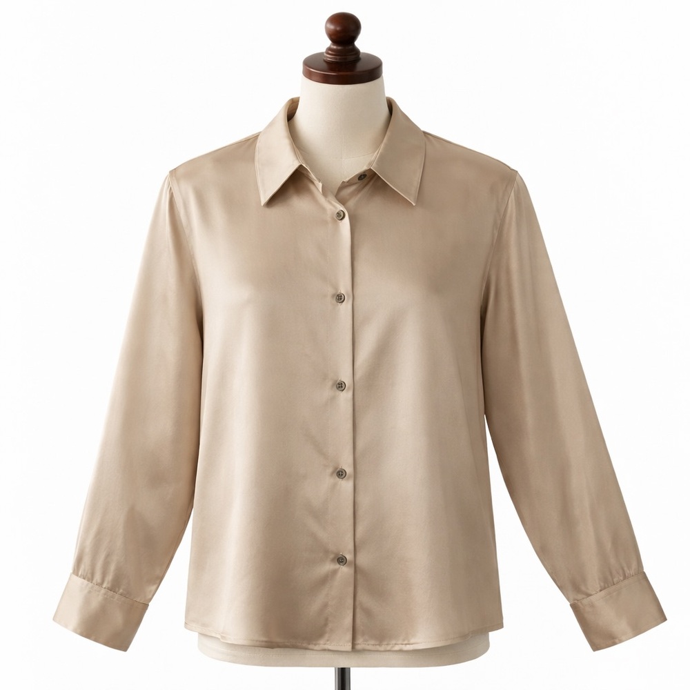 Lord & Taylor 100% Silk Button-Front Champagne Beige Blouse Size 14 Petite